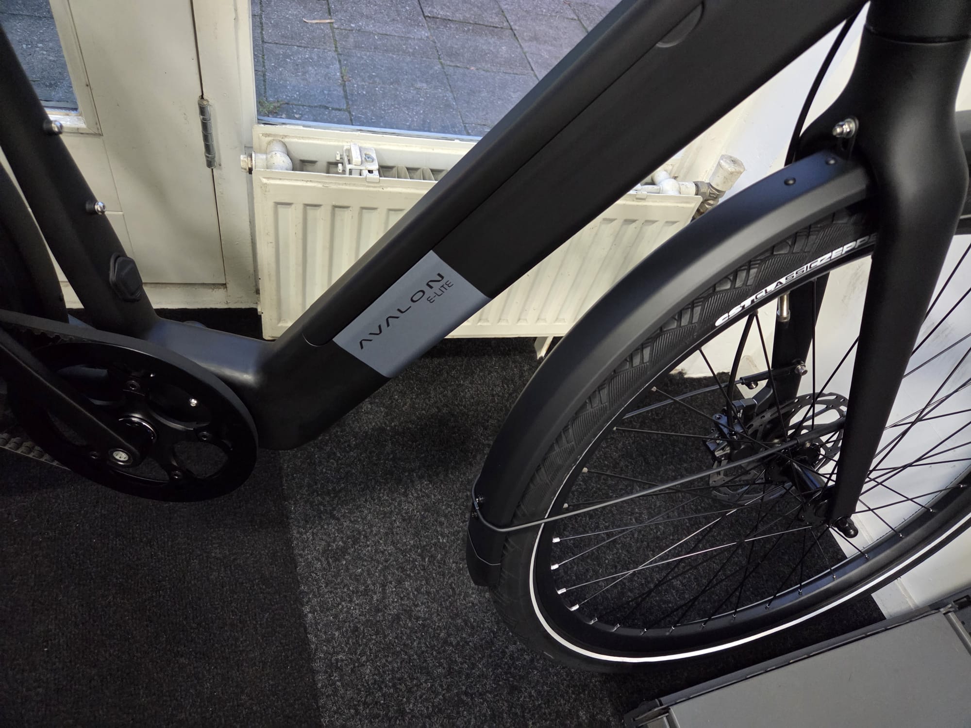 Detail van het Avalon E-Lite-frame, de riemaandrijving en het voorwiel